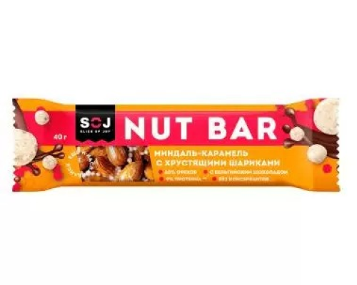 Батончик 'NUT BAR' 40гр ореховый миндаль-карамель с ирисо-сливоч. вкусом с хруст. шариками /16